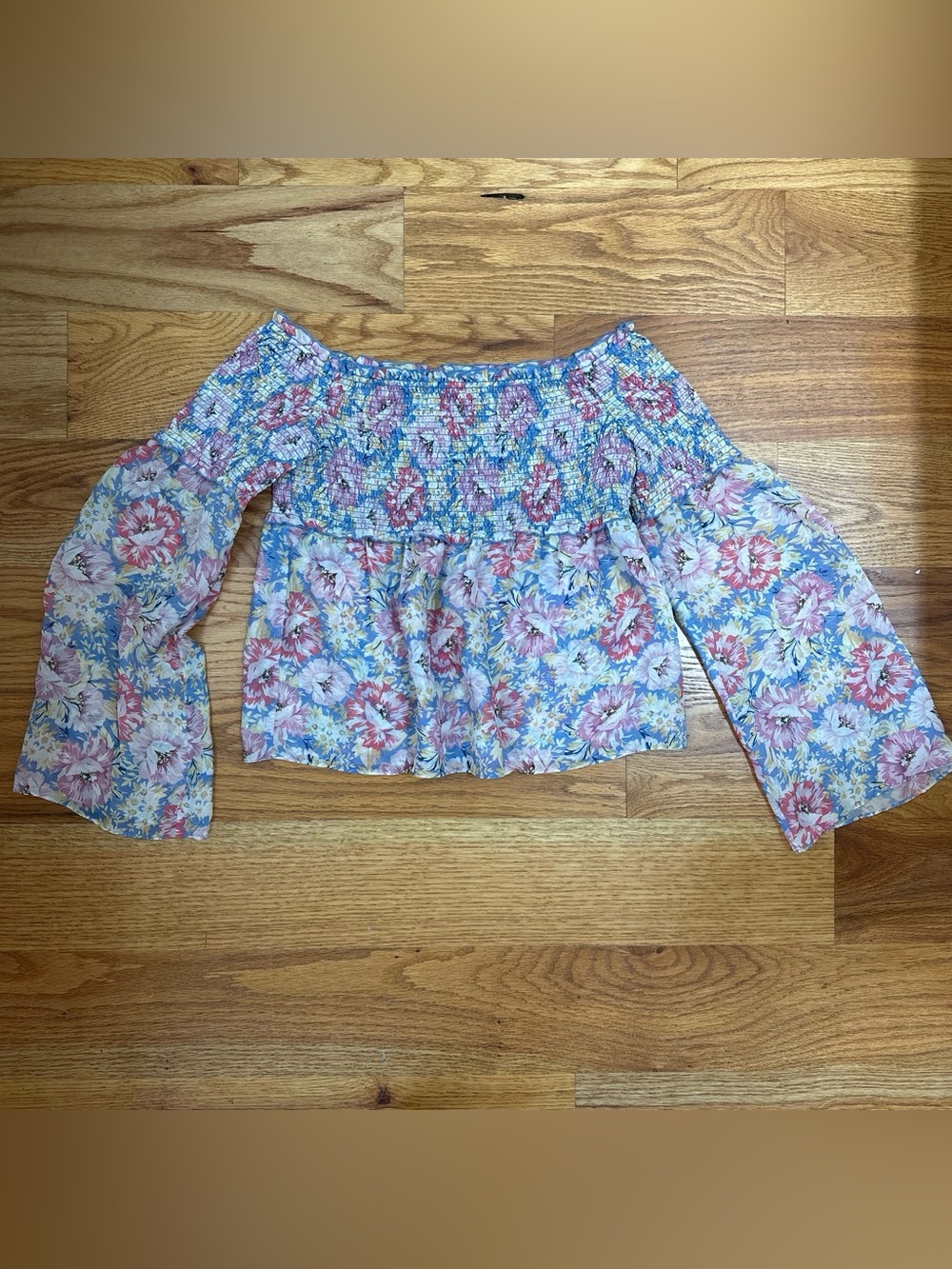 INTERMIX Blue Floral Off-Shoulder Smocked silk Top